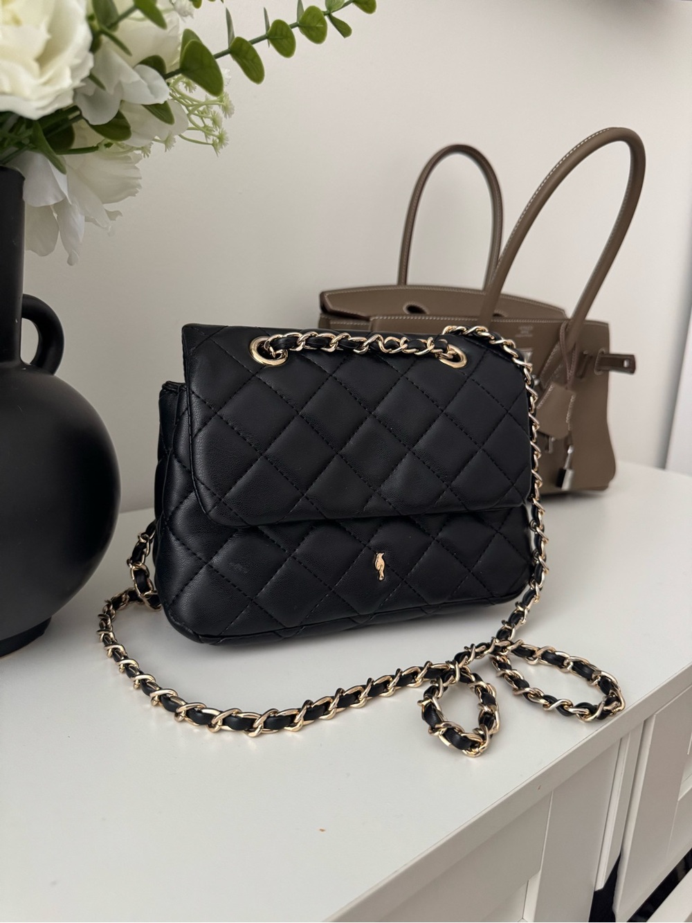 Quilted Mini Black Crossbody Bag with Gold Chain Strap